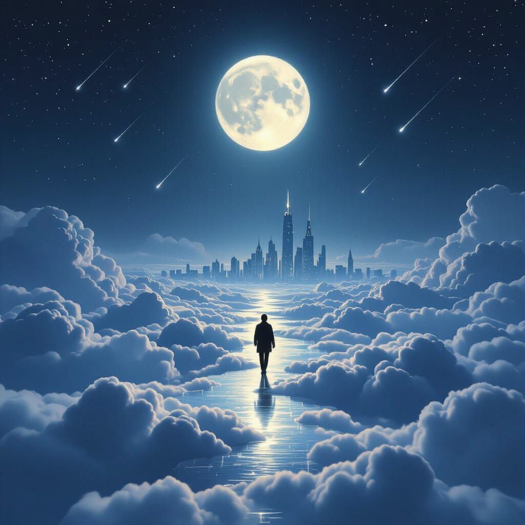 Ethereal Figure Walks on Cloud Path to Cosmic City