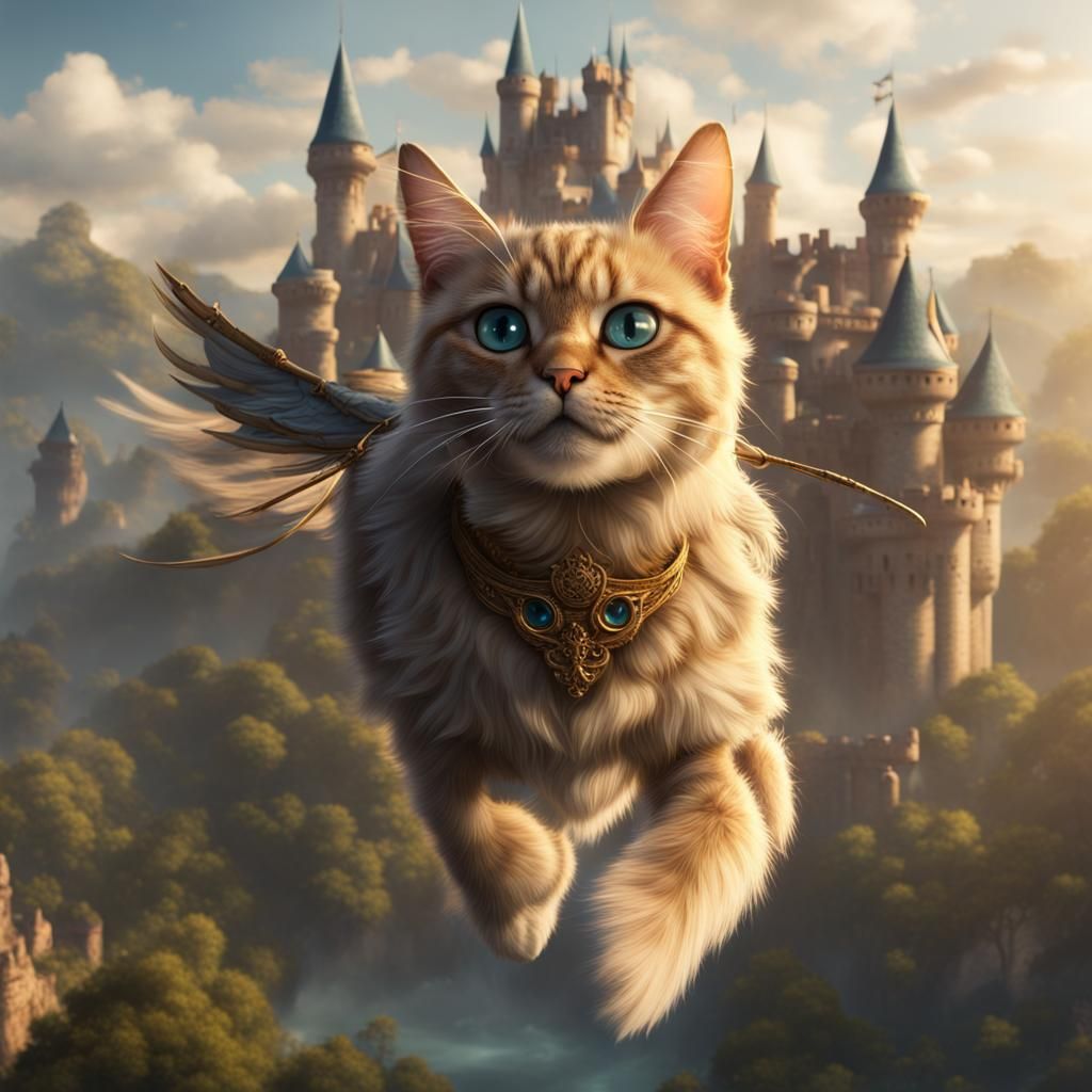 Majestic Flying Cat with Fantasy Castles