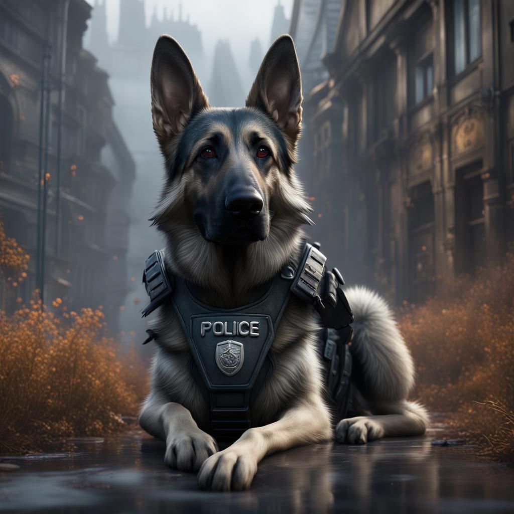 Grey Police Dog in Detailed Digital Art