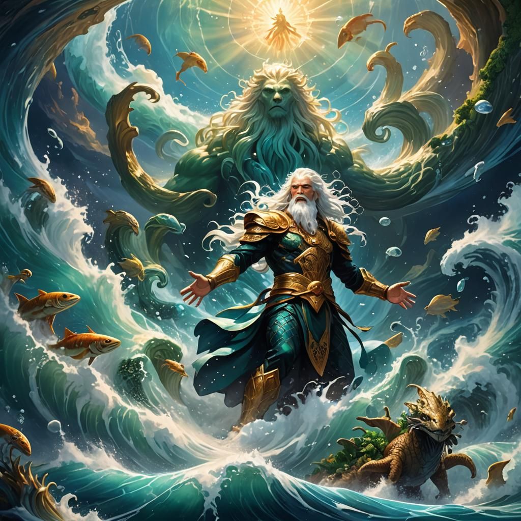 Hydro God Surrounded by Aquatic Vortex in Fantasy Art