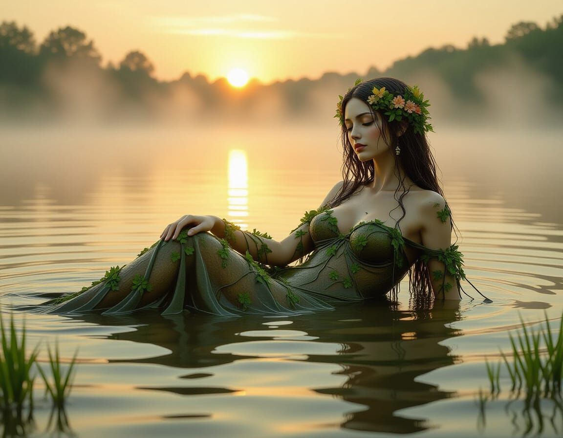 Ethereal Woman in Lake, Impasto Oil Painting