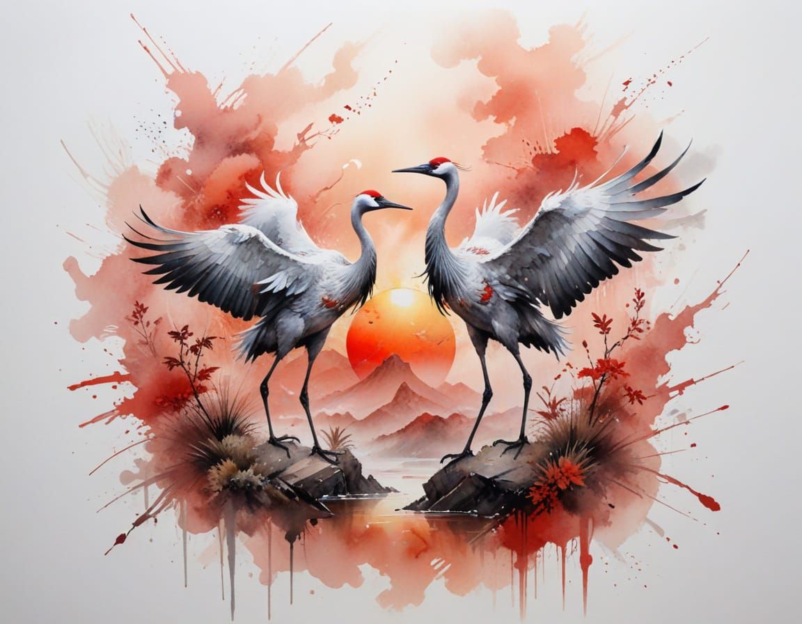 Cranes Soaring Over Misty Valley at Sunrise