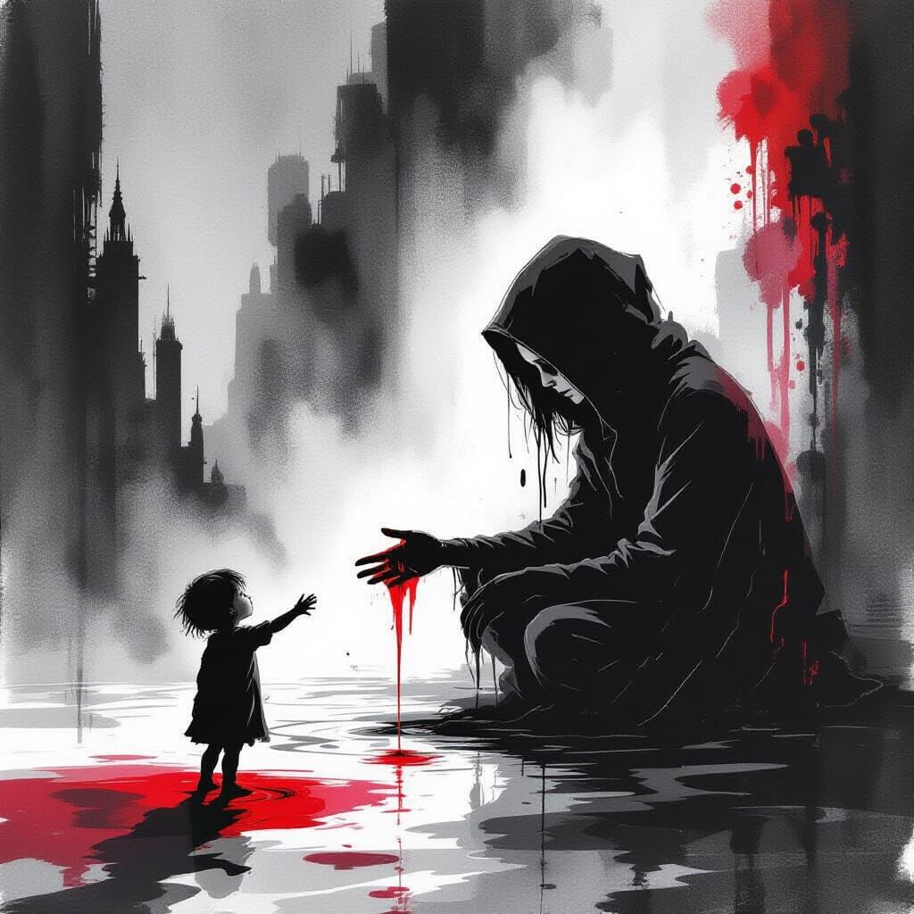 Lone Figure Reaches for Crimson in Grayscale World