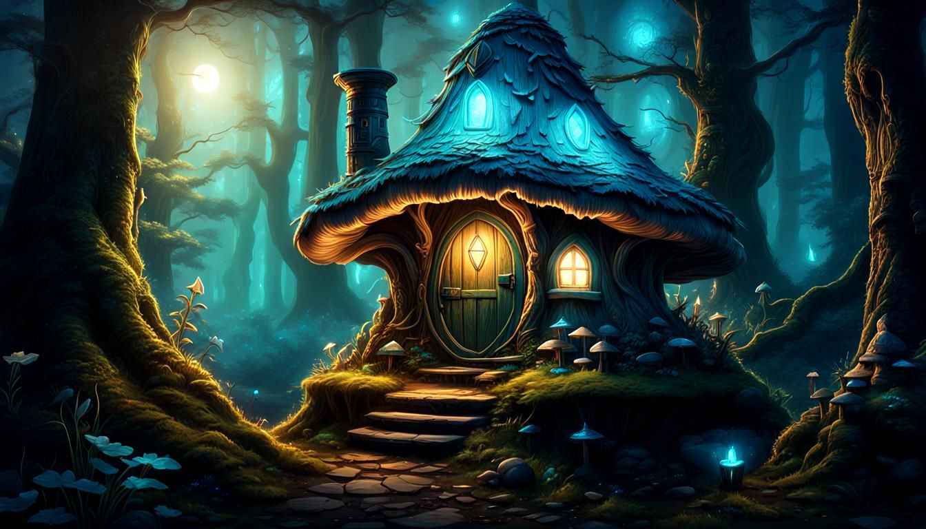 Dwarf and Bioluminescent Mushroom House in Enchanted Forest