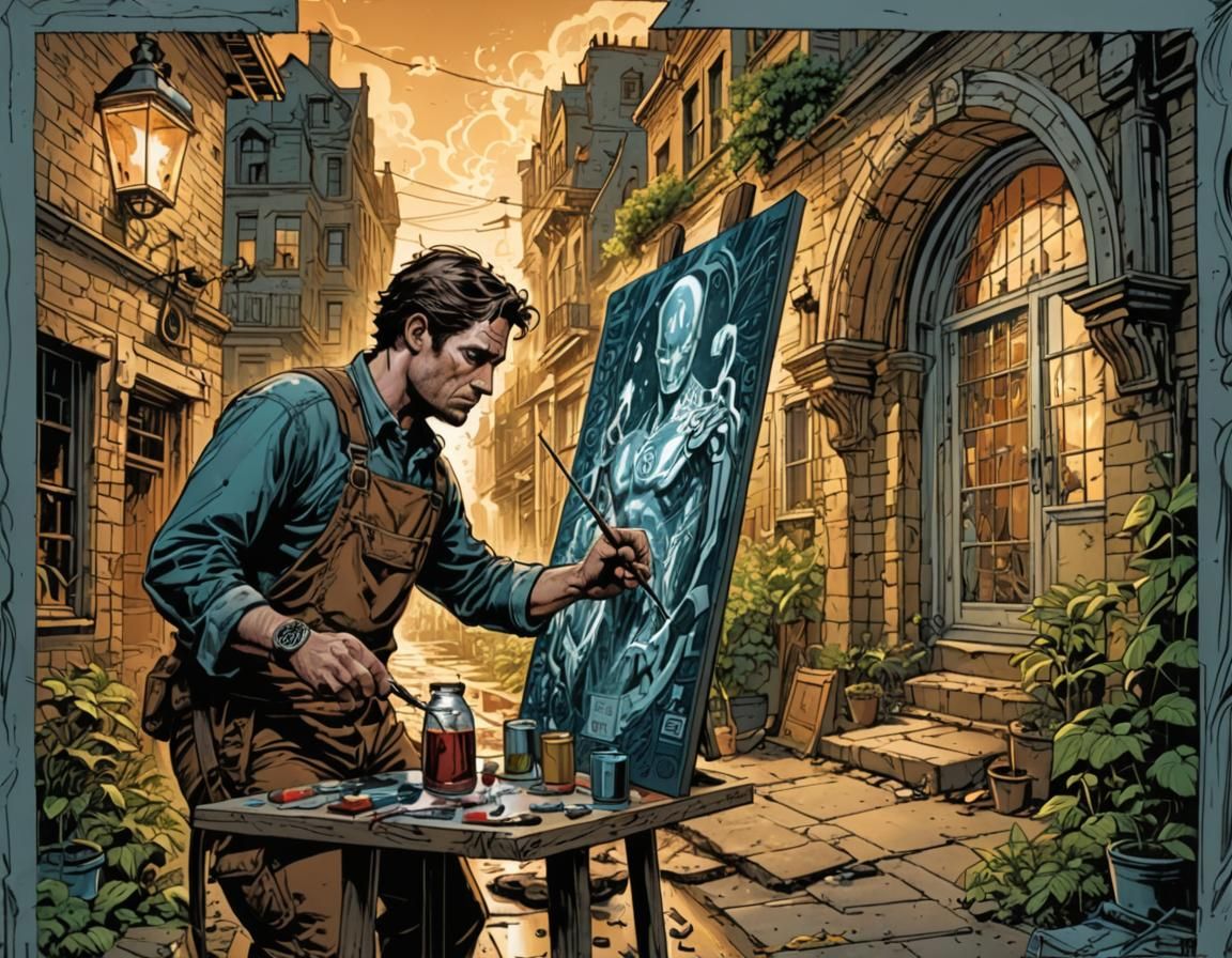 Painter at Easel in Comic Book Style