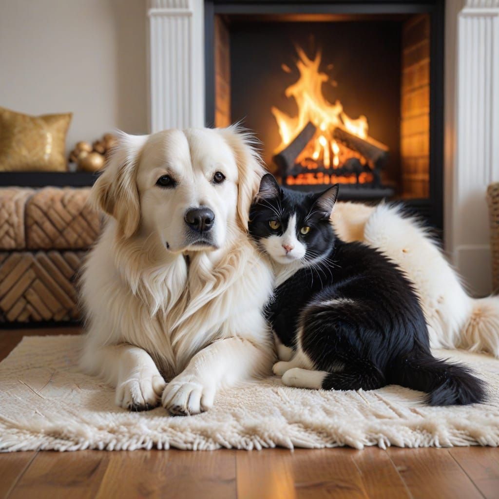 Cute Cat and Golden Retriever Cuddle by Fireplace