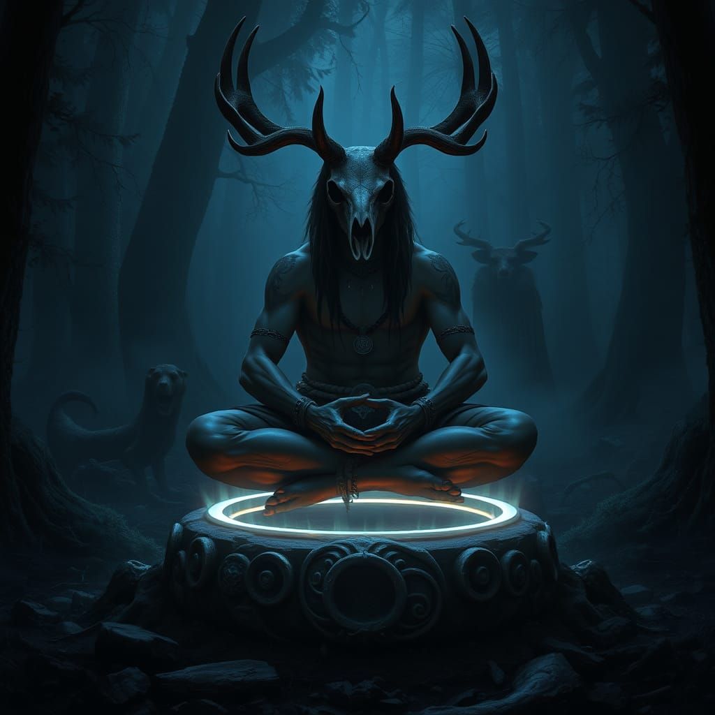 Pagan Shaman in Dark Fantasy Forest