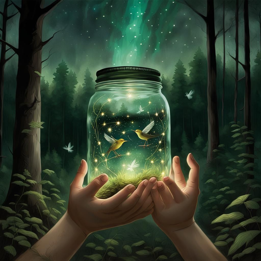 Emerald Fireflies in Mason Jar at Twilight