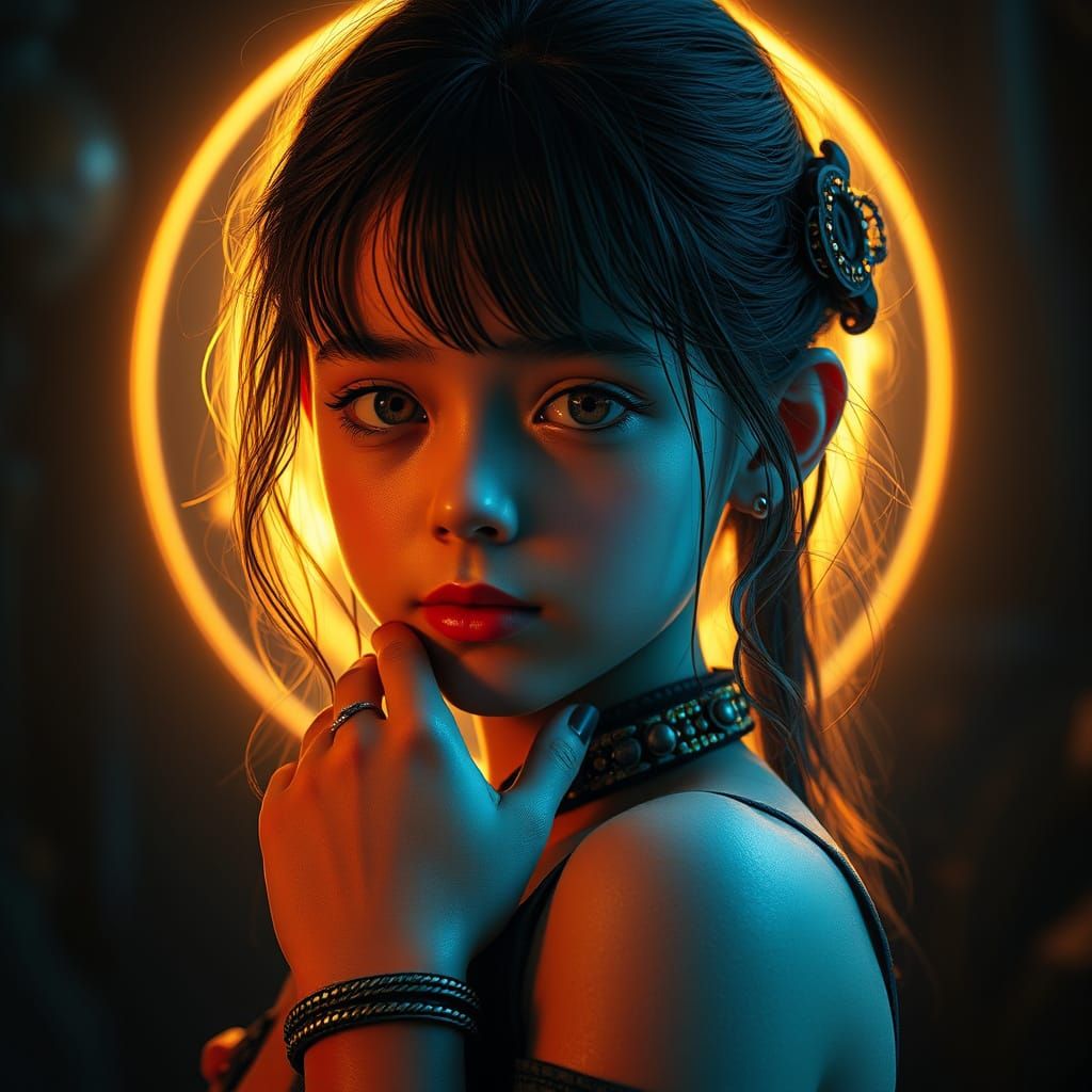 Hyperrealistic Girl in Golden Halo, Futuristic Concept Art