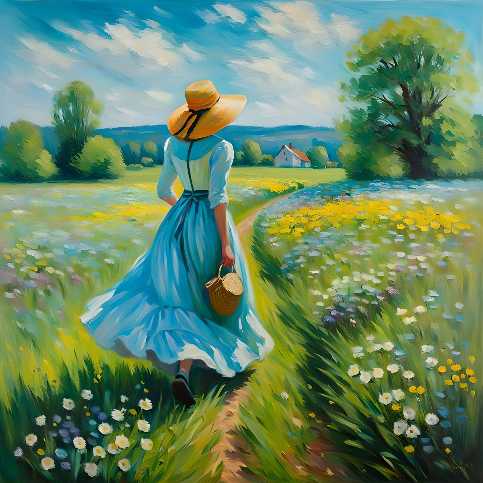 Woman in Meadow, Impressionistic Oil Painting