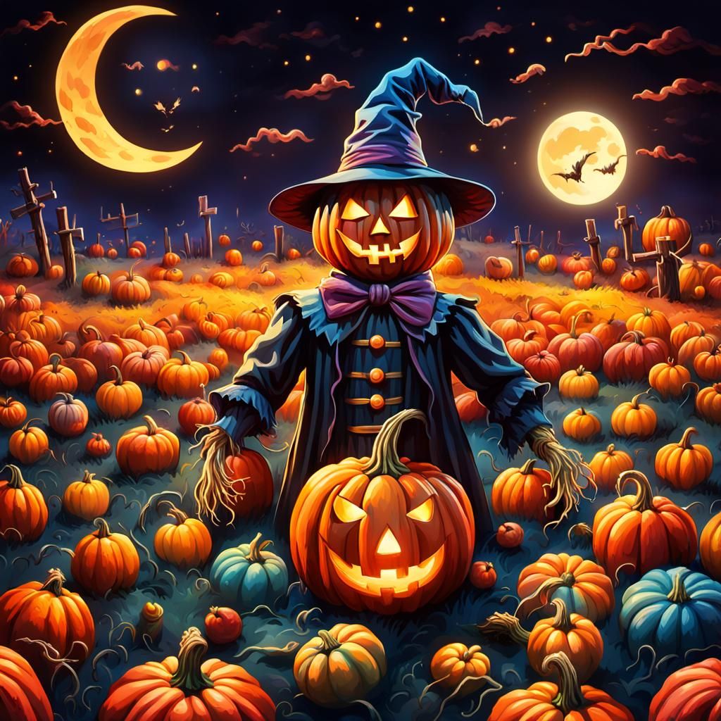 Candy Art Pumpkins and Scarecrow in Field