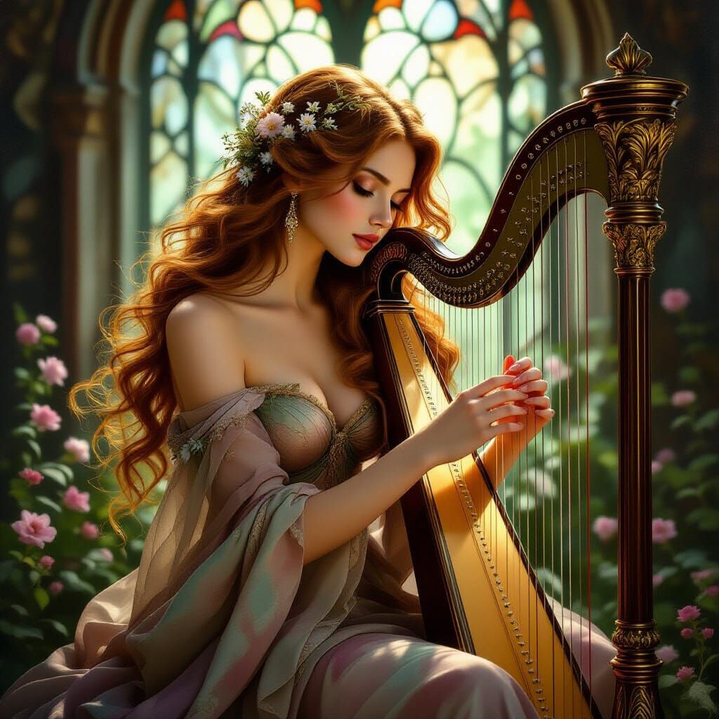 Pre-Raphaelite Woman Playing Harp in Soft Light