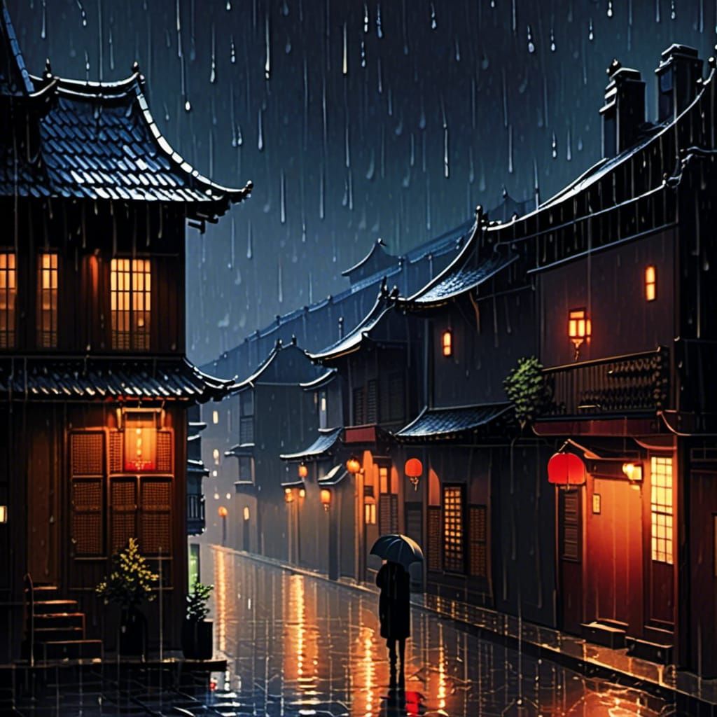 Sad Girl in Rainy Alley at Night