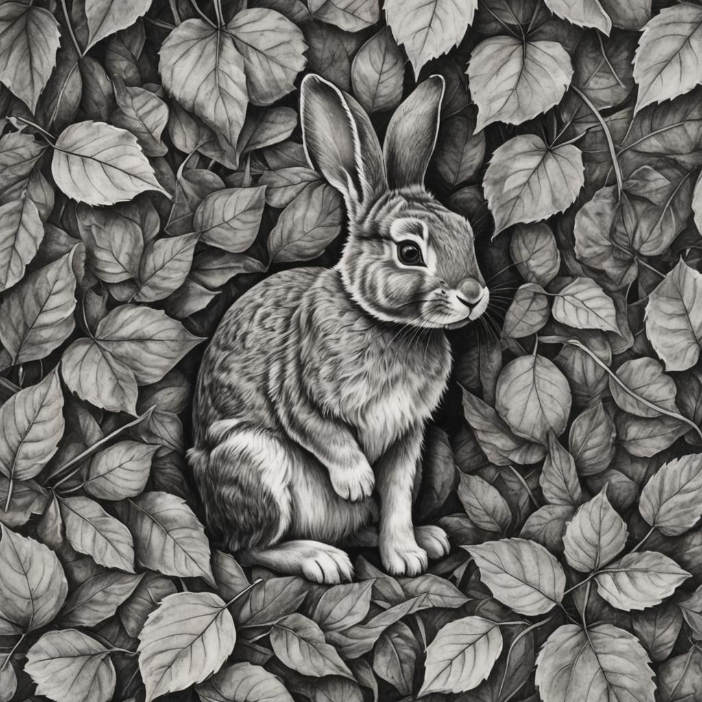Charcoal Drawing: Cute Rabbit in Autumn Forest
