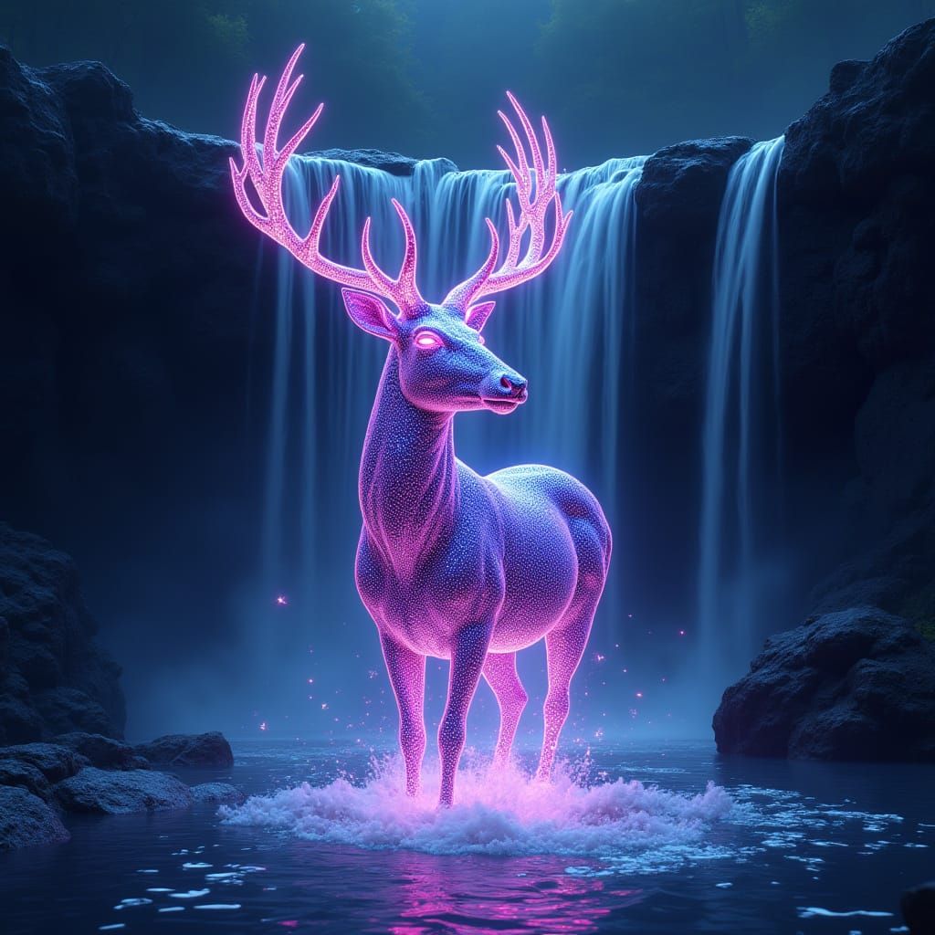 Glowing Deer Emerges from Waterfall in Fractal Design