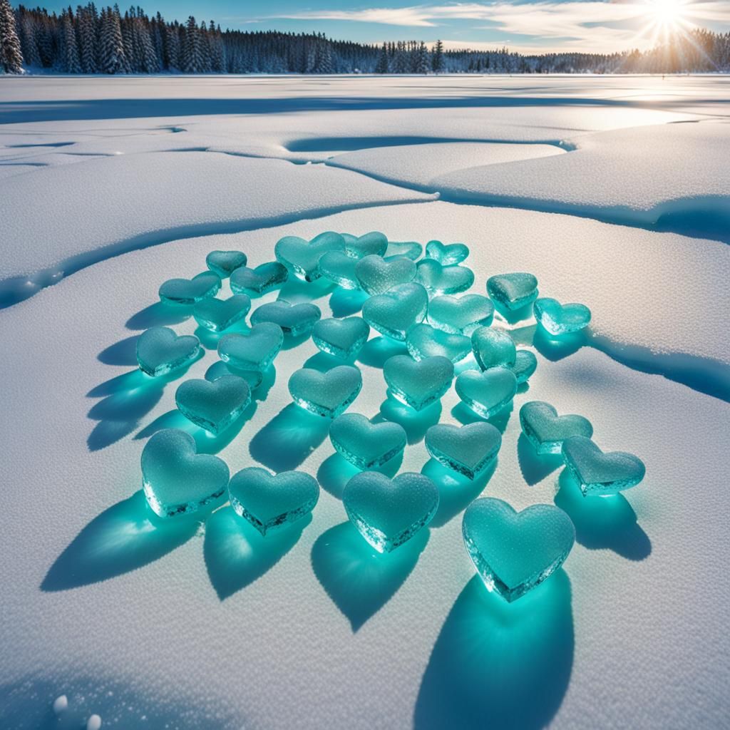 Turquoise Ice Hearts on Frozen Lake
