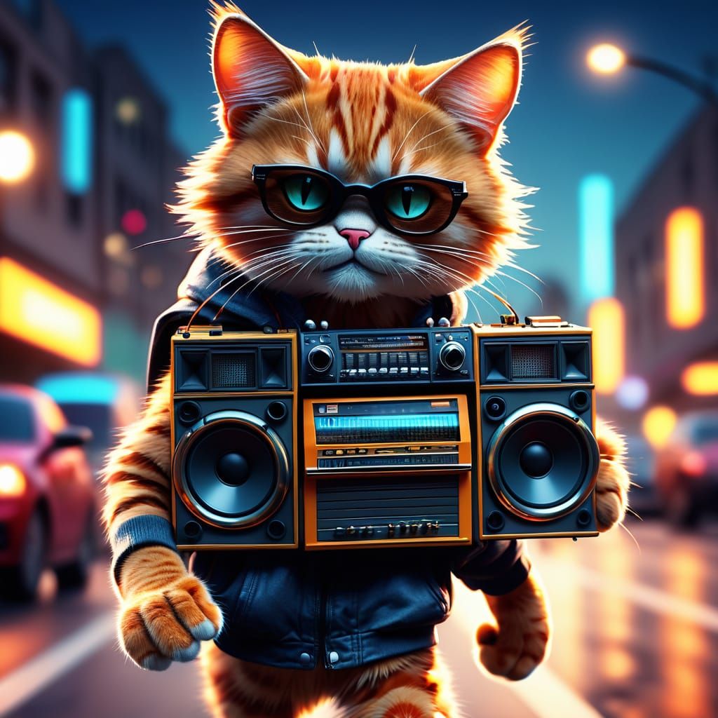 Gen X Cat Dancing with Boombox in Digital Art