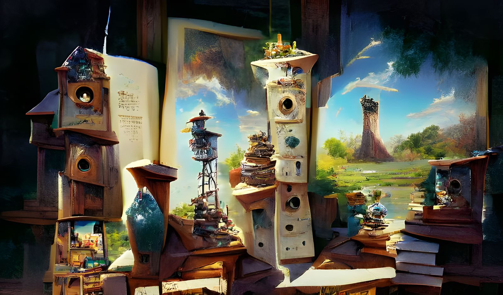 Whimsical Tower of Birdhouses and Antiques in Blue Sky