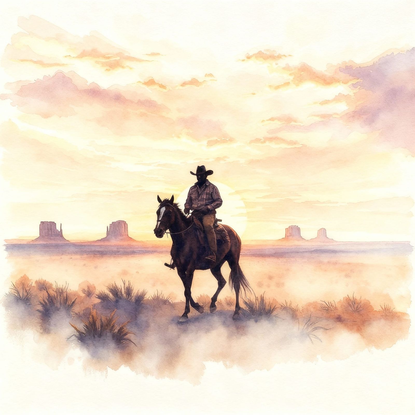 Lone Cowboy Rides Through Fiery Sunset Desert