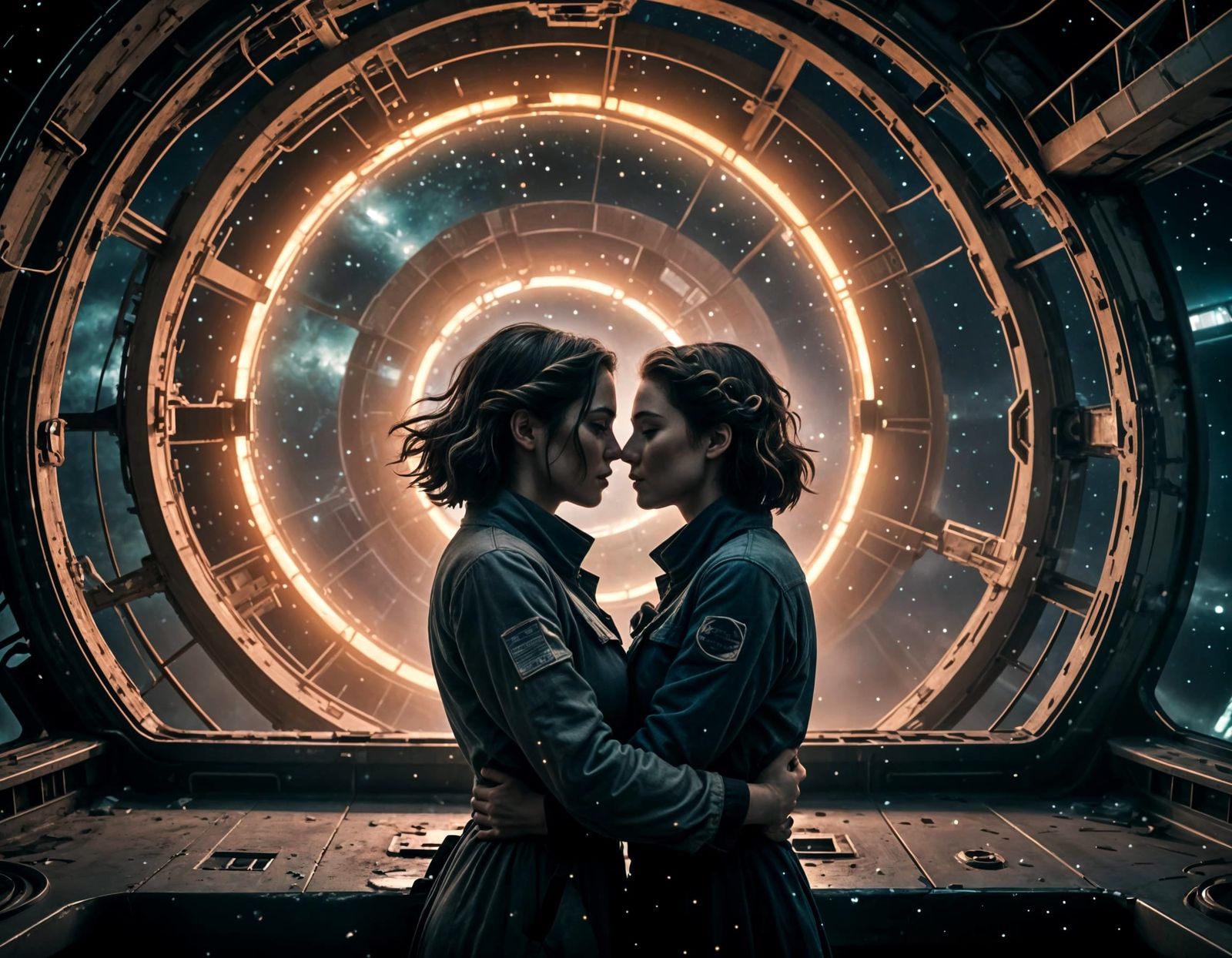 Passionate Couple Embracing on Derelict Spaceship Observatio...