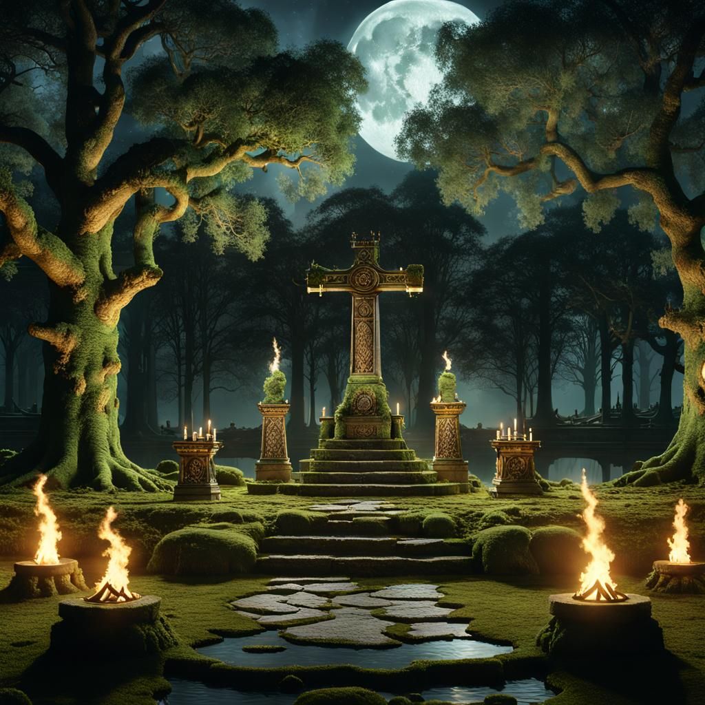Moonlit Druid Altar in Ancient Oak Grove
