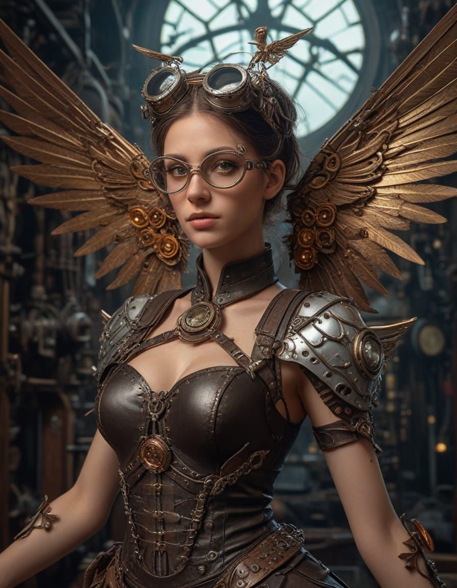 Steampunk Fairy Repairs Clockwork Bird in Cogpunk Style