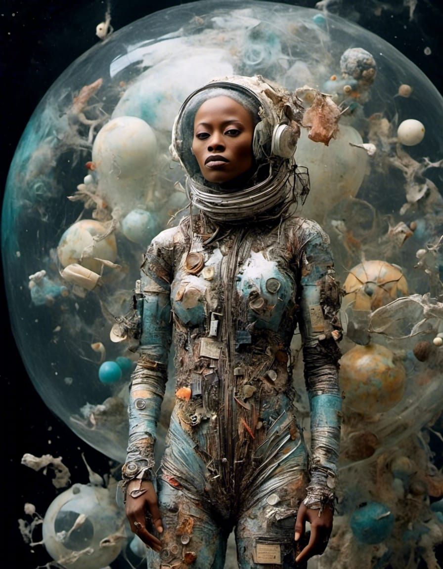<lora:Gonzo Bugs:1.0> Bald nigerian woman photorealistic clear liquid spacesuit
