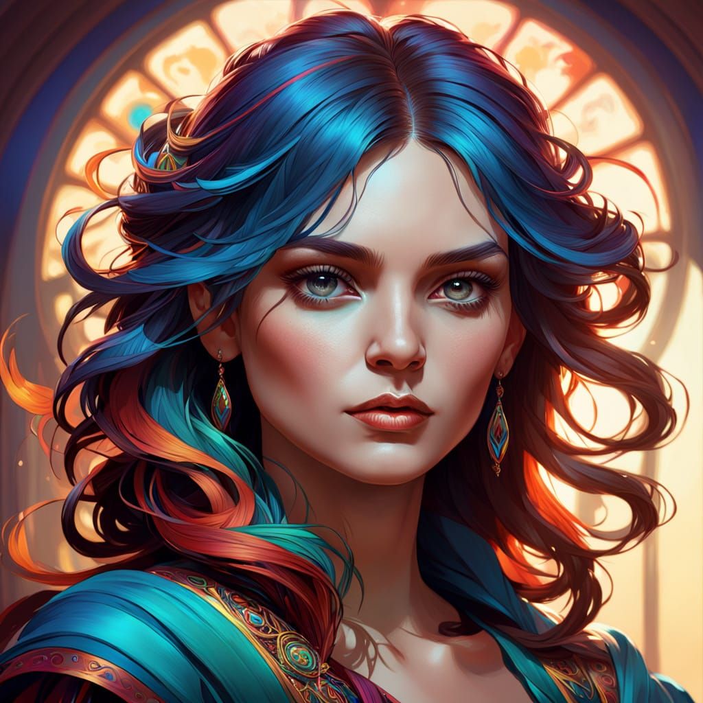 Elegant Lady Portrait in Vibrant Triadic Colors