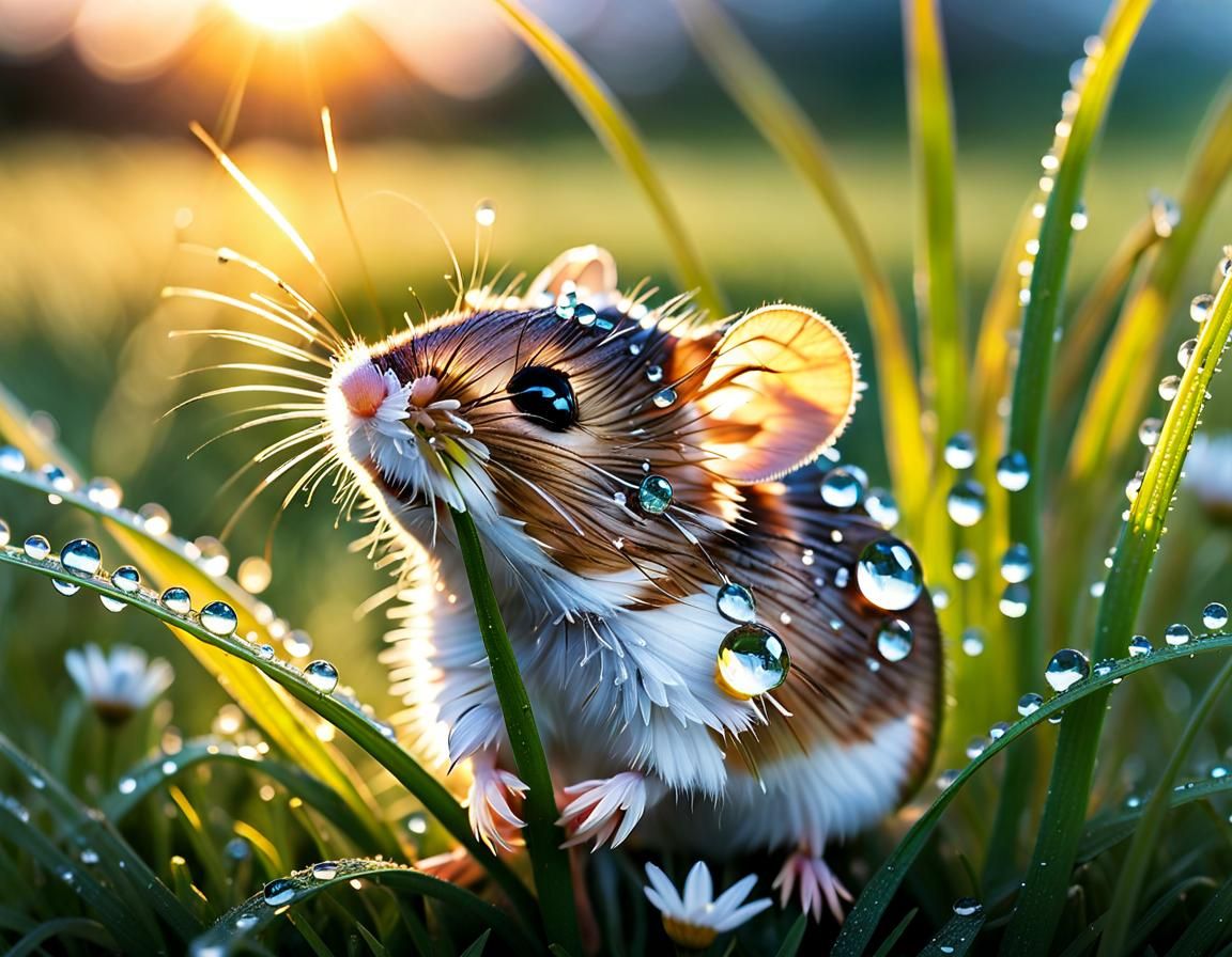 Mouse in Dew-Kissed Meadow at Sunrise