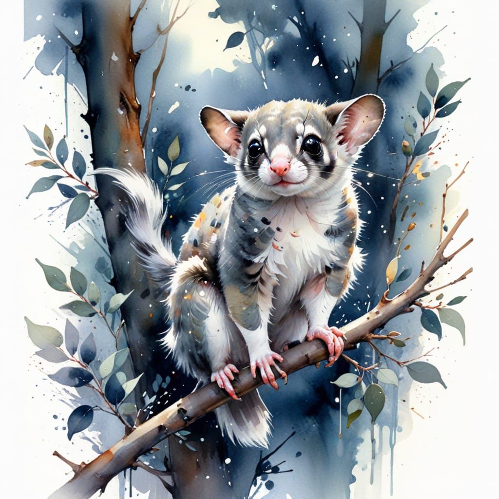 Sugar Glider in Flight Over Eucalyptus Forest