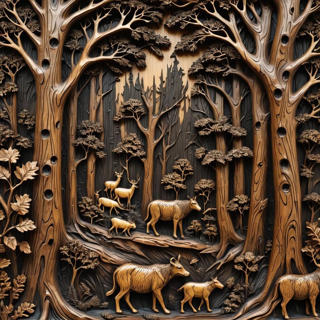Intricately carved from a rich, dark wood, a forest scene unfolds with lifelike animals and trees, reminiscent of the or...