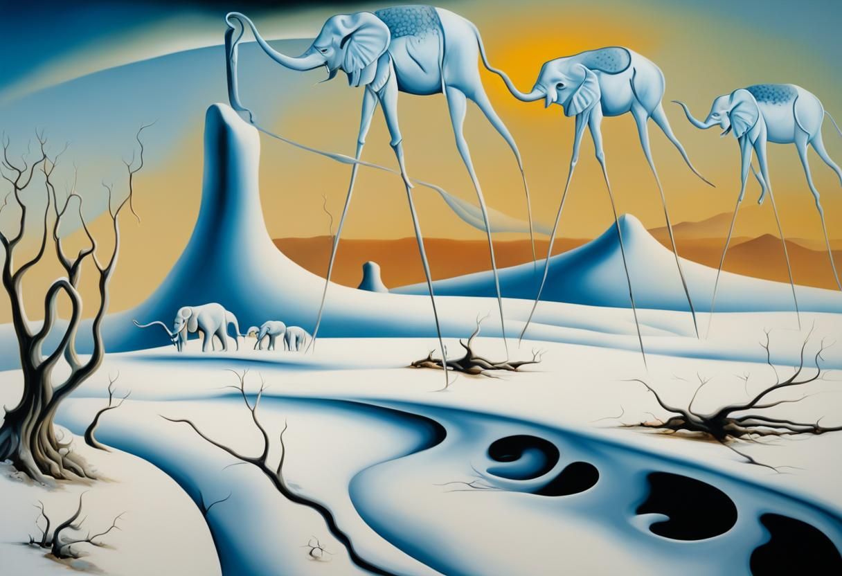 Surreal Winter Landscape with Elephants