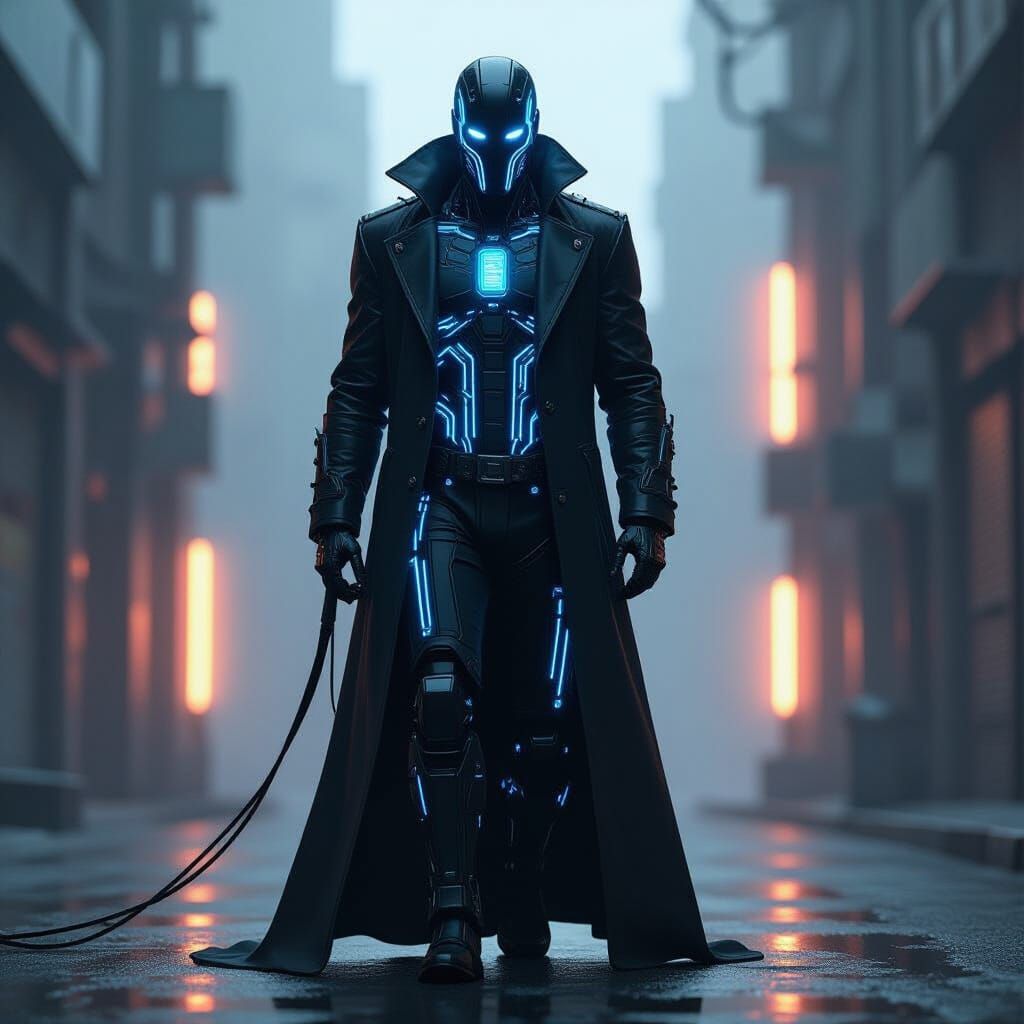 Cyborg Figure with Glowing Circuits in Cinematic Style