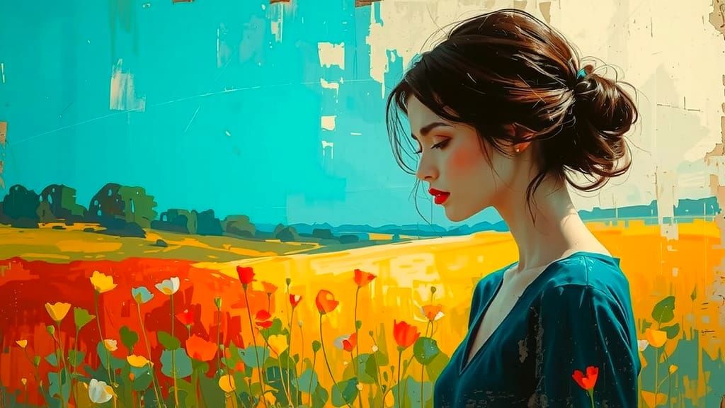 Abstract Woman in Meadow: Digital Impasto Style