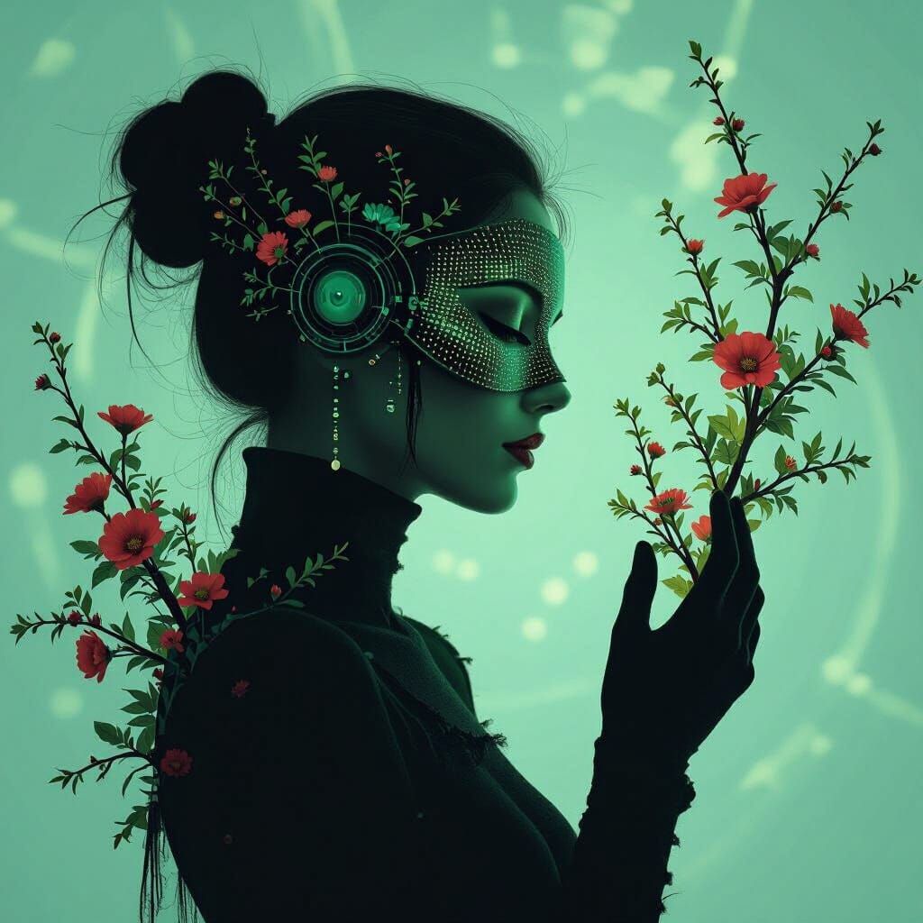 Futuristic Silhouette Woman Holds Human Mask with Floral Bra...