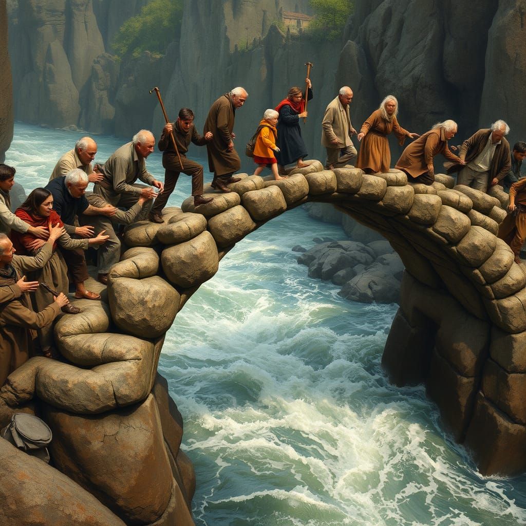 Interconnected Humans Form a Precarious Bridge Over Turbulen...