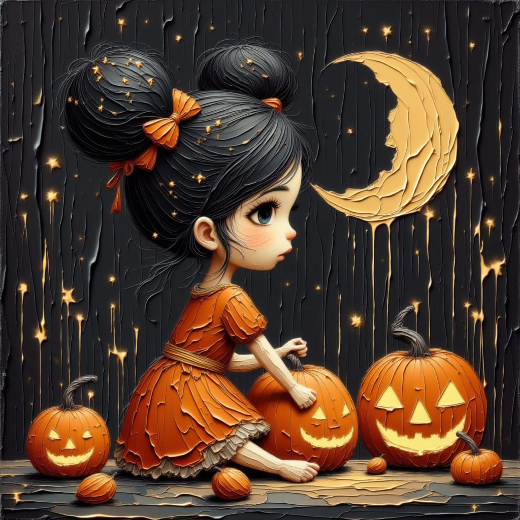 Moon Child Carving Pumpkins in Cozy Kitchen