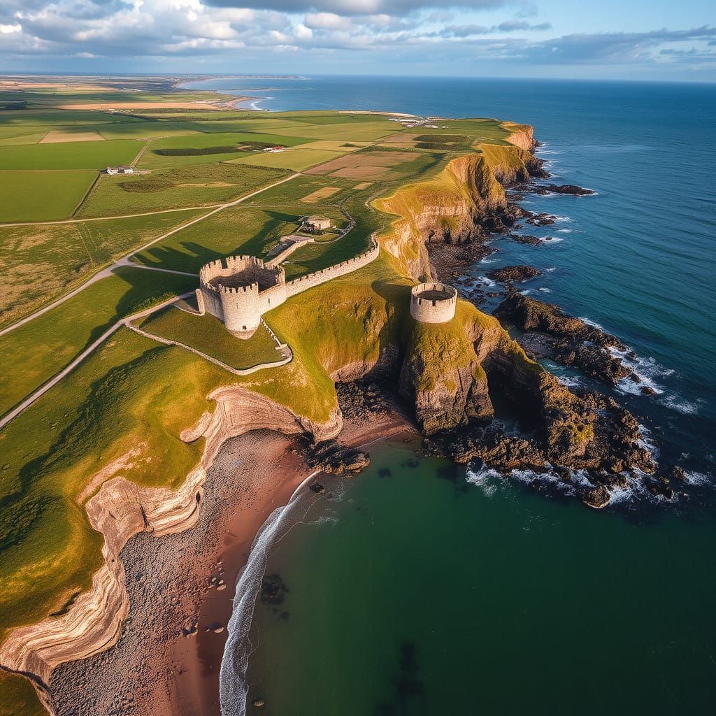Northumberland Coastline: Aerial View of Castle Ruins