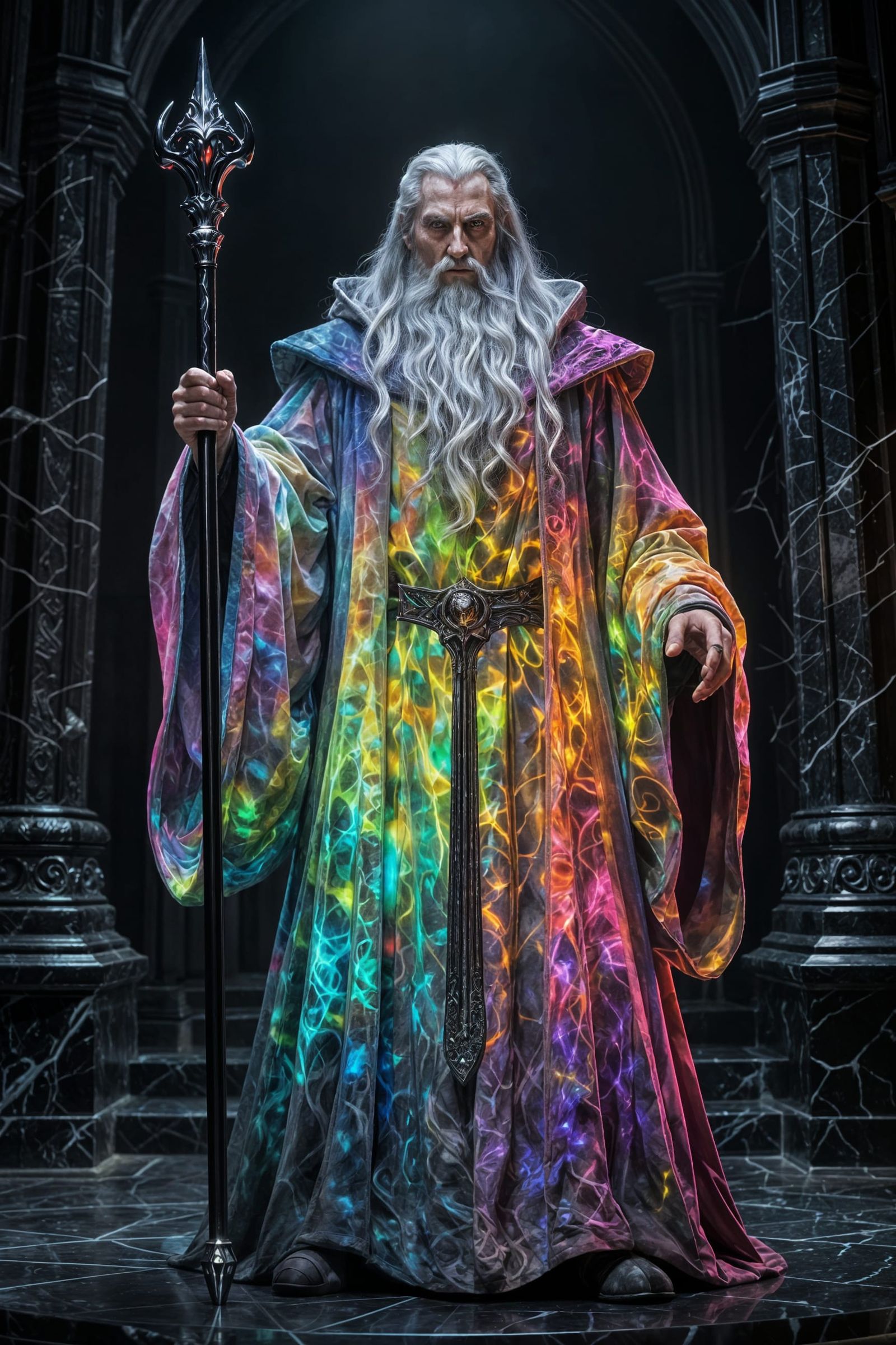 Evil Wizard Saruman in Rainbow Robe with Black Staff
