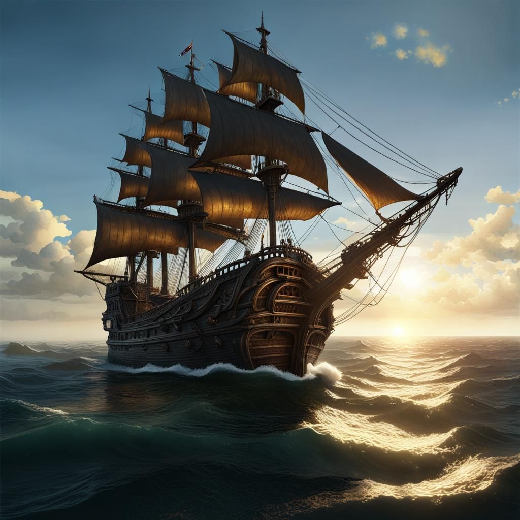 Dread Pirate Galleon in Golden Fantasy Light