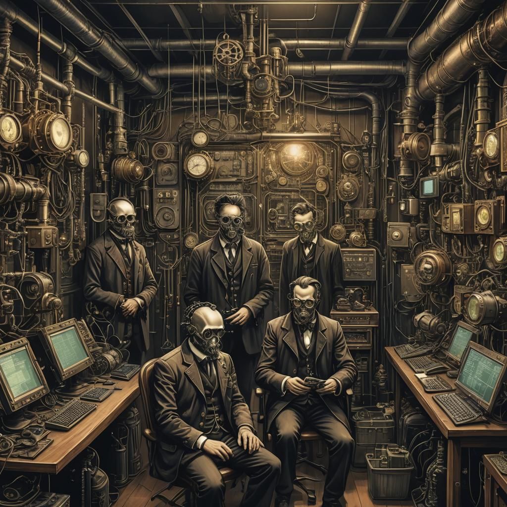 Steampunk Hackers in Dark Computer Room