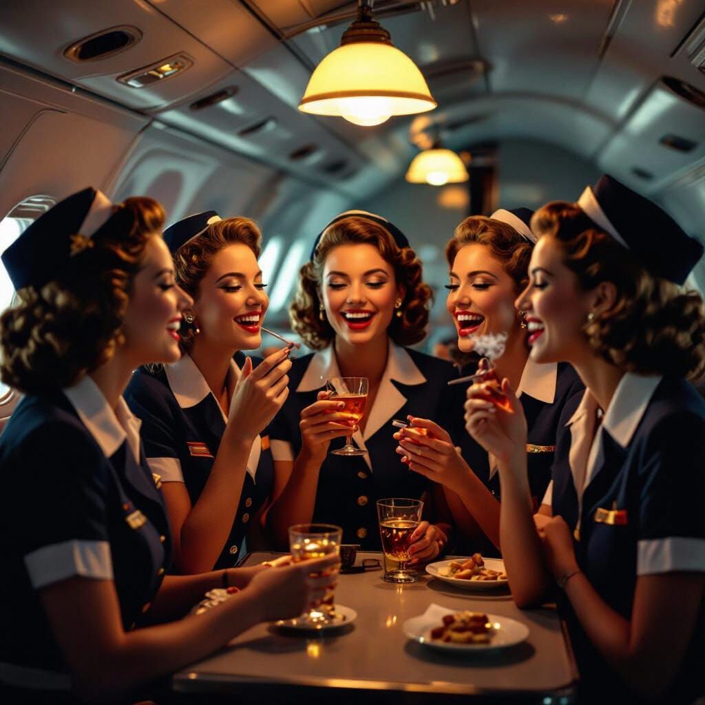 Retro Stewardesses Enjoy Drinks and Cigarettes in Vintage Pl...