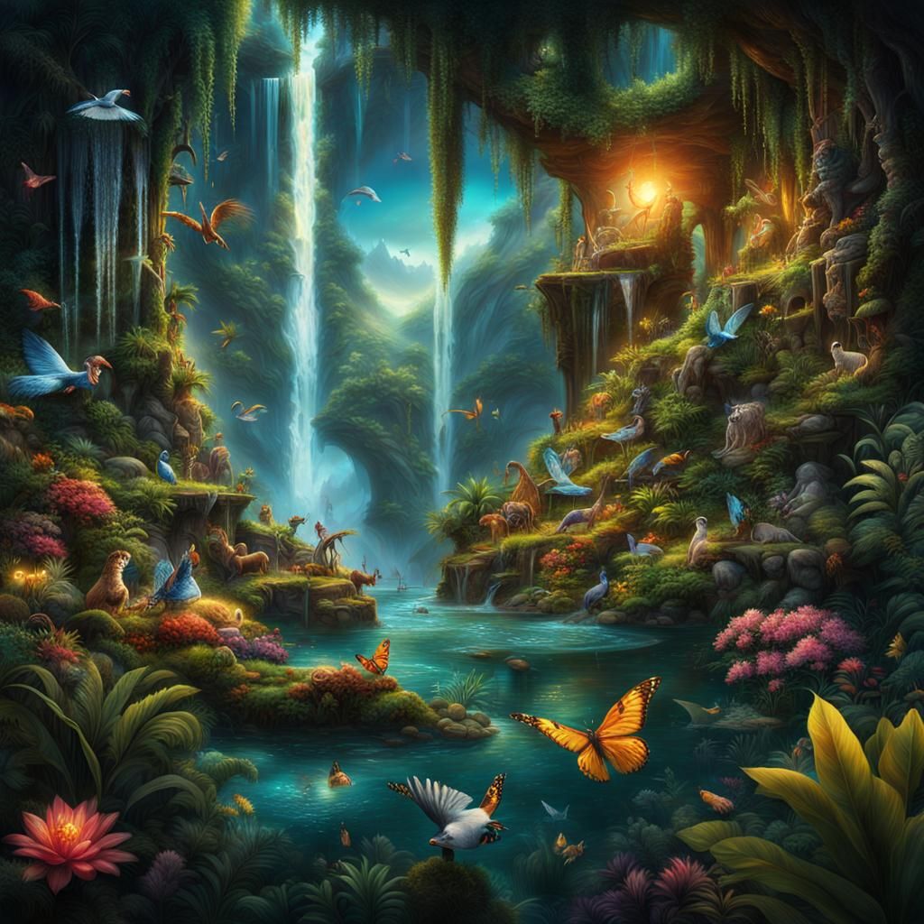 Fantastic Jungle Scene Inside Glass Box