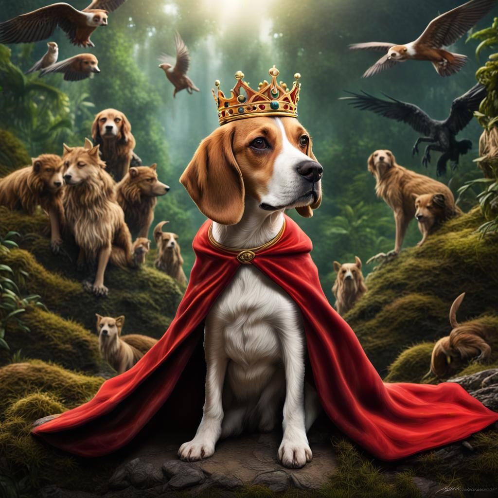 Beagle King in a Tropical Forest, Hyperrealistic Photo