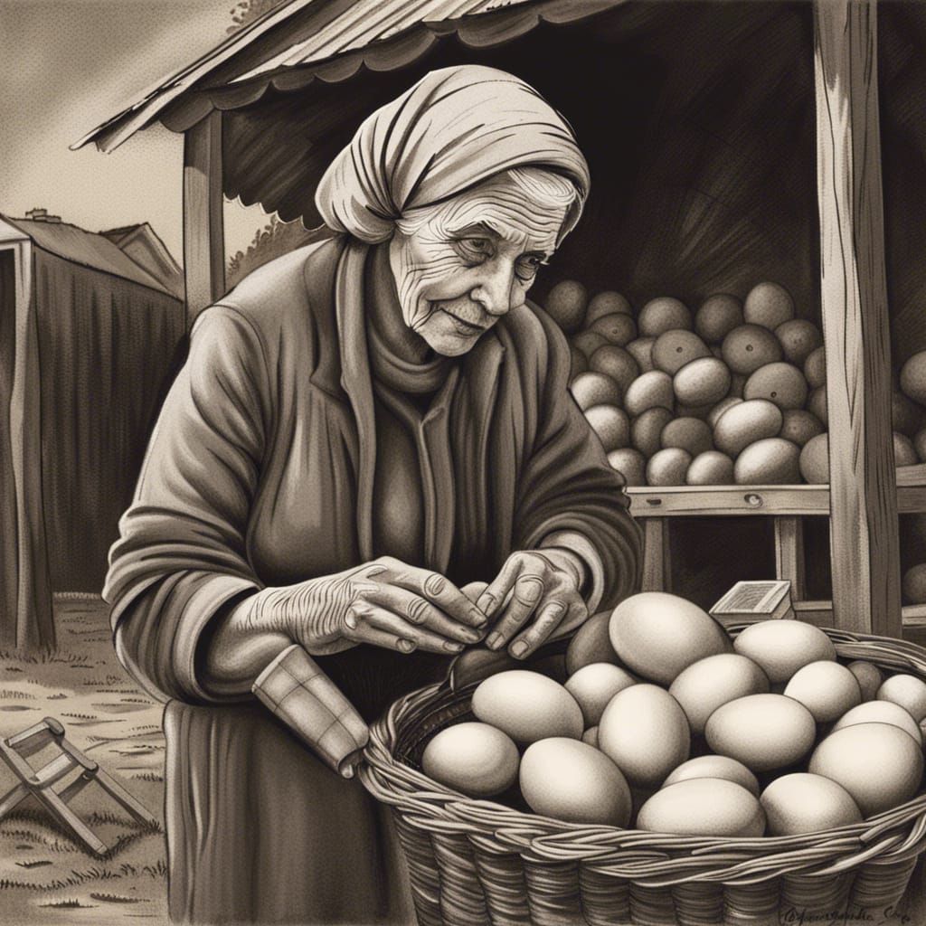 Monochrome Charcoal Drawing of Old Woman Selling Eggs