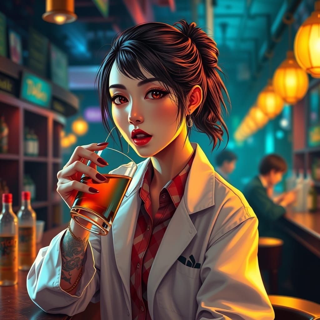 Vibrant Tattooed Dentist Drinking at Bar, Realistic Style