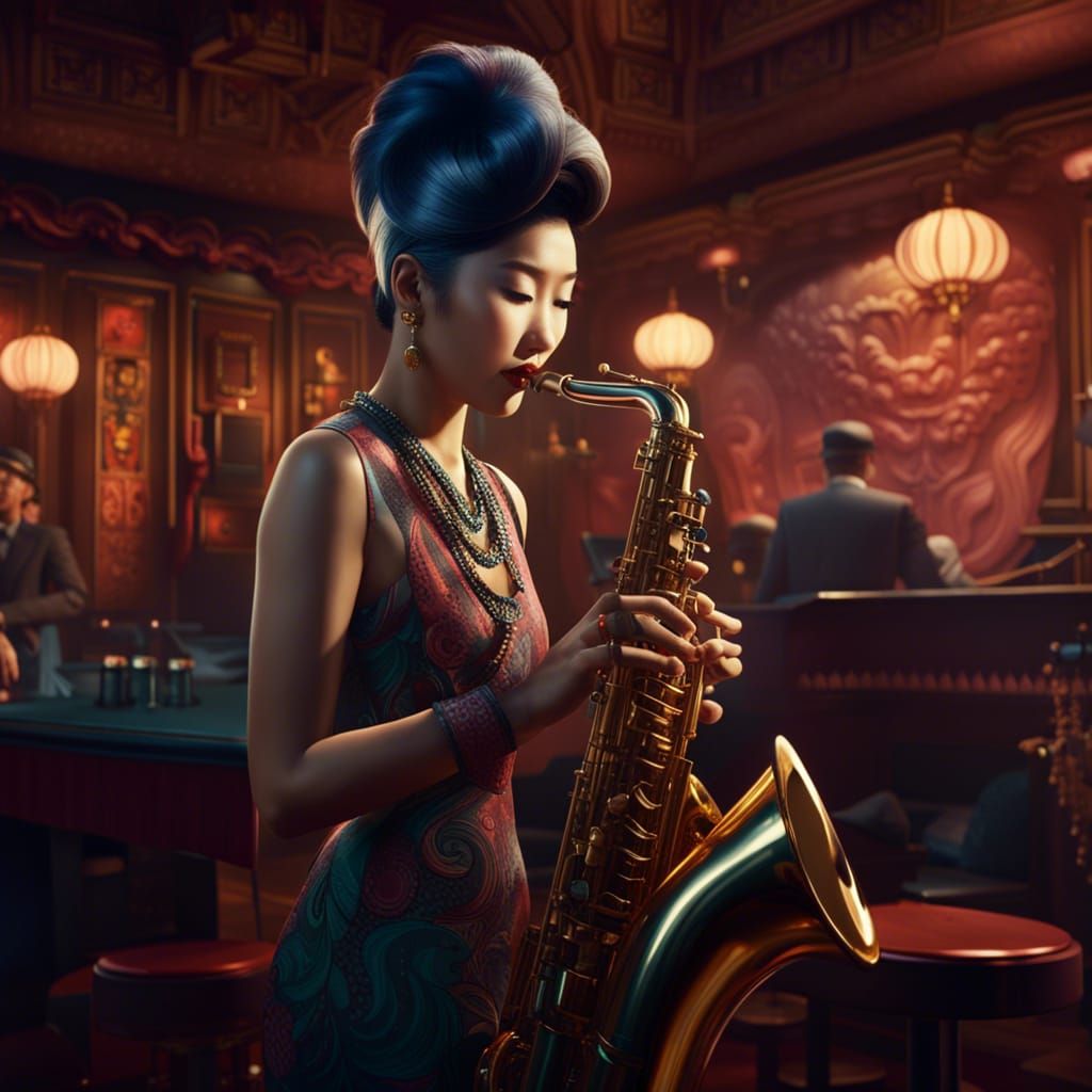 Chinese lady playing the saxophone