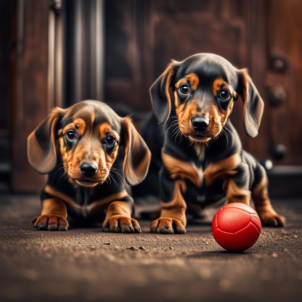 Hyperrealistic Dachshund Puppies Play Ball