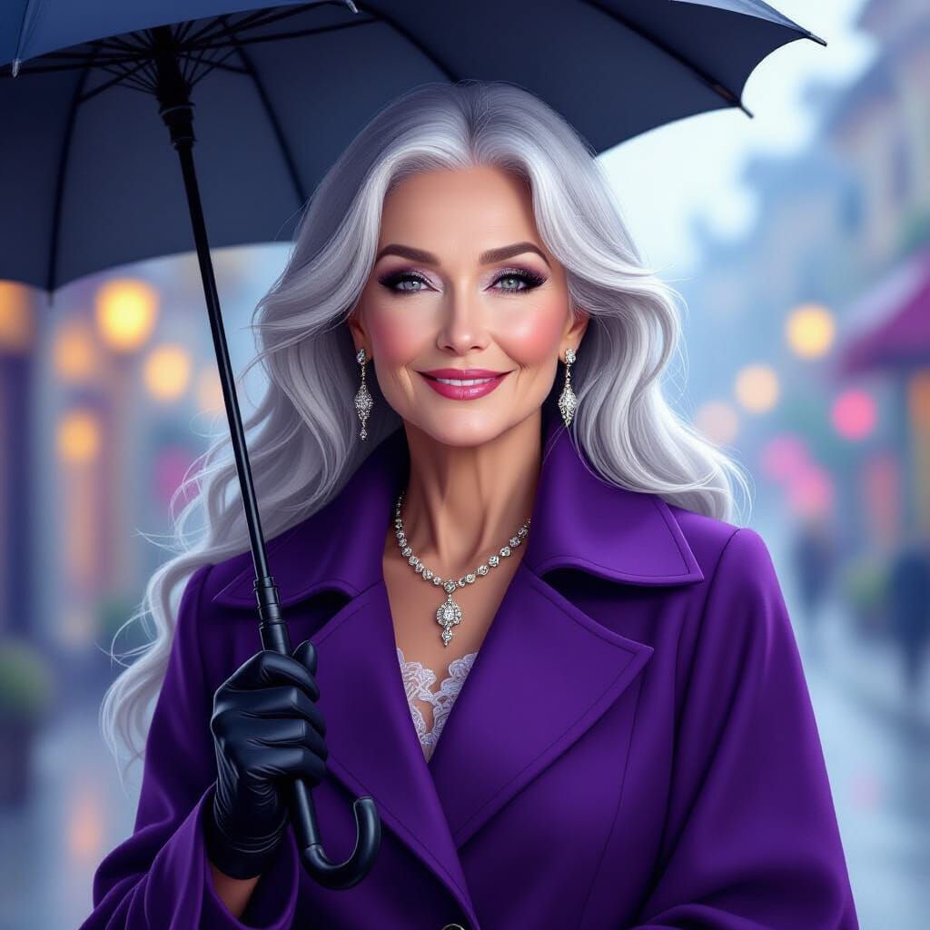 Elegant Older Woman in Purple Coat with Umbrella