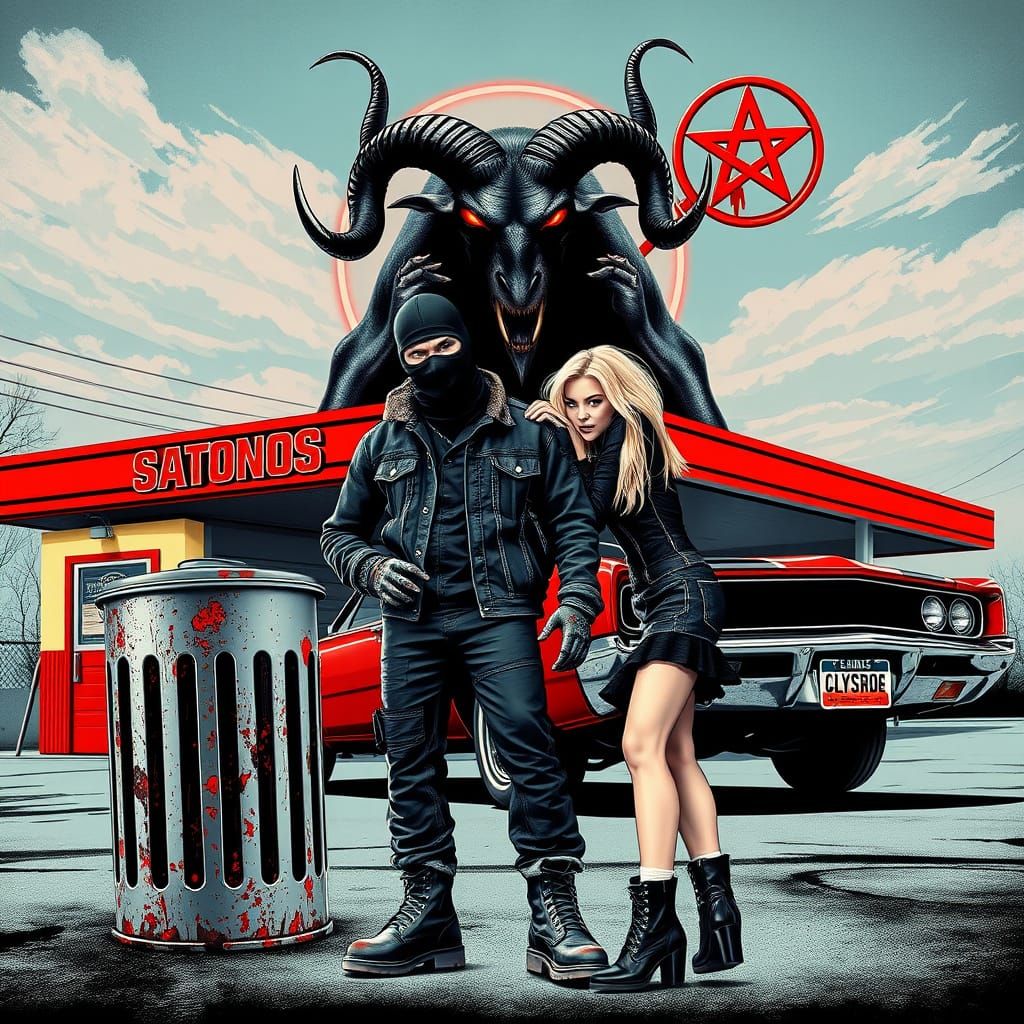 Dark Figure and Blonde Woman Stand Beside a Twisted Gas Stat...